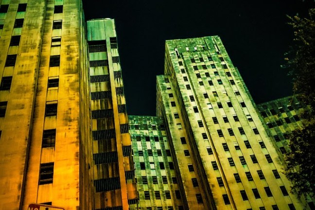 a skyscraper in a city