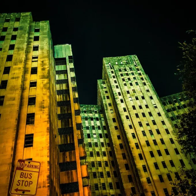 a skyscraper in a city