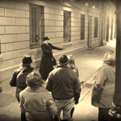 Tour guide speaking to group