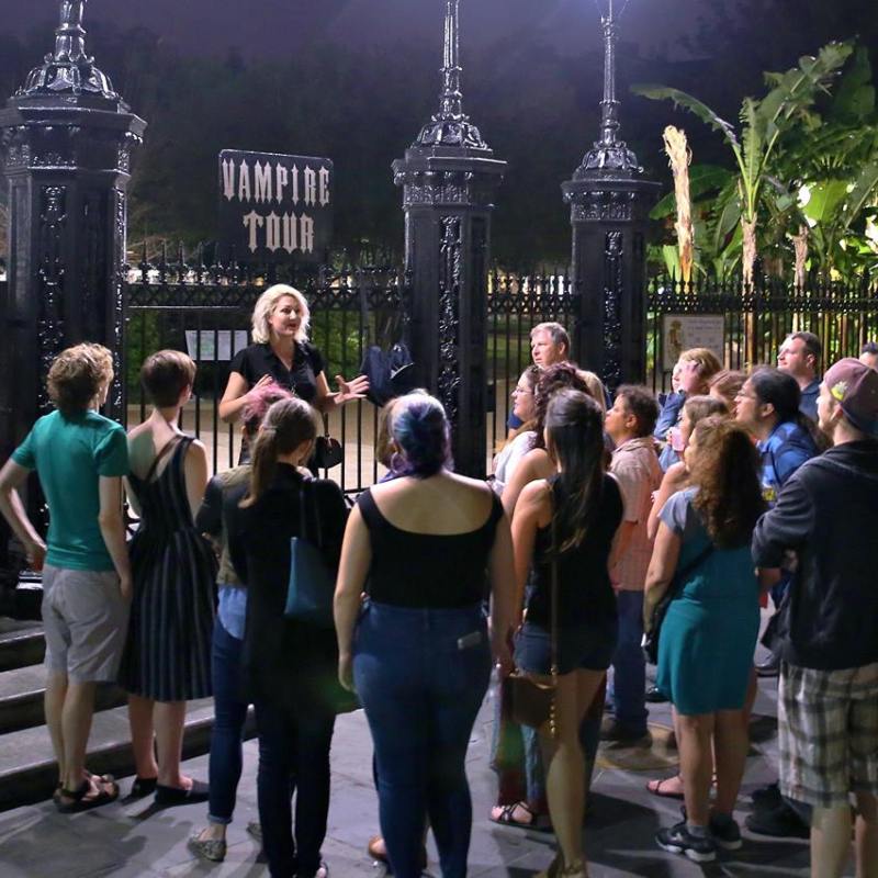 Tour guide speaking to group