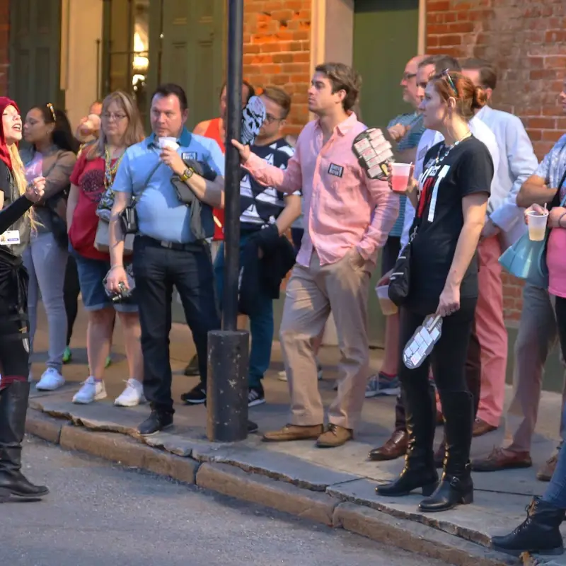 Tour guide speaking to group