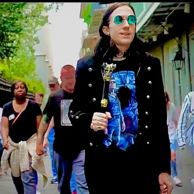 Person in sunglasses and black jacket holding a staff, walking on a city street with others.